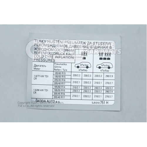 Štítok parametrov pre tlak v pneumatike