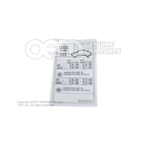 Štítok parametrov pre tlak v pneumatike