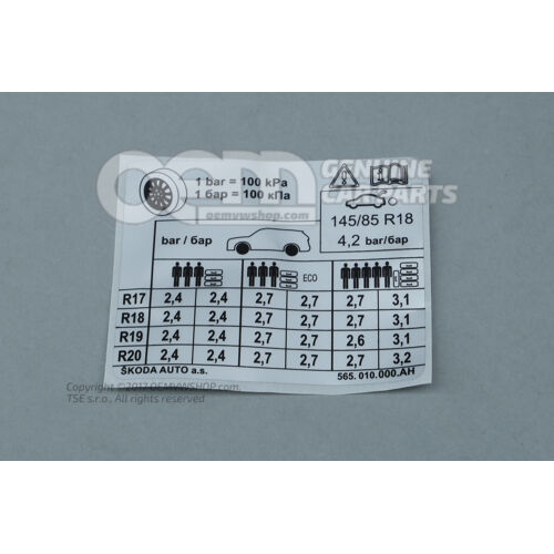 Štítok parametrov pre tlak v pneumatike