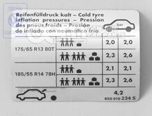 Inform.štítok tlak pneumatík za stud. – bar pneum.       3 osoby  5 osôb 175/65 R1380T 2,0/2,0  2,3/2,6 185/55 R1478H 2,1/2,1  2,3/2,6 rezerv.koleso:             4,2
