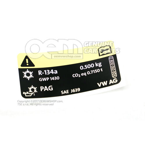 Štítok par. 'AC' *chladivo R134a *Plniace množstvo 5Q0010008D