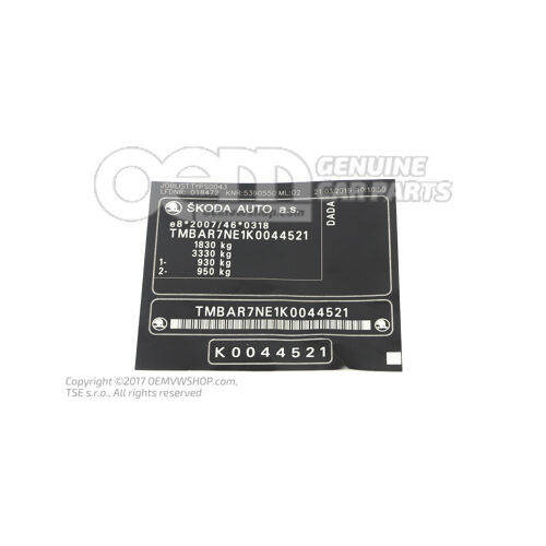 Štítok parametrov pre identif. číslo vozidla 5E0000279